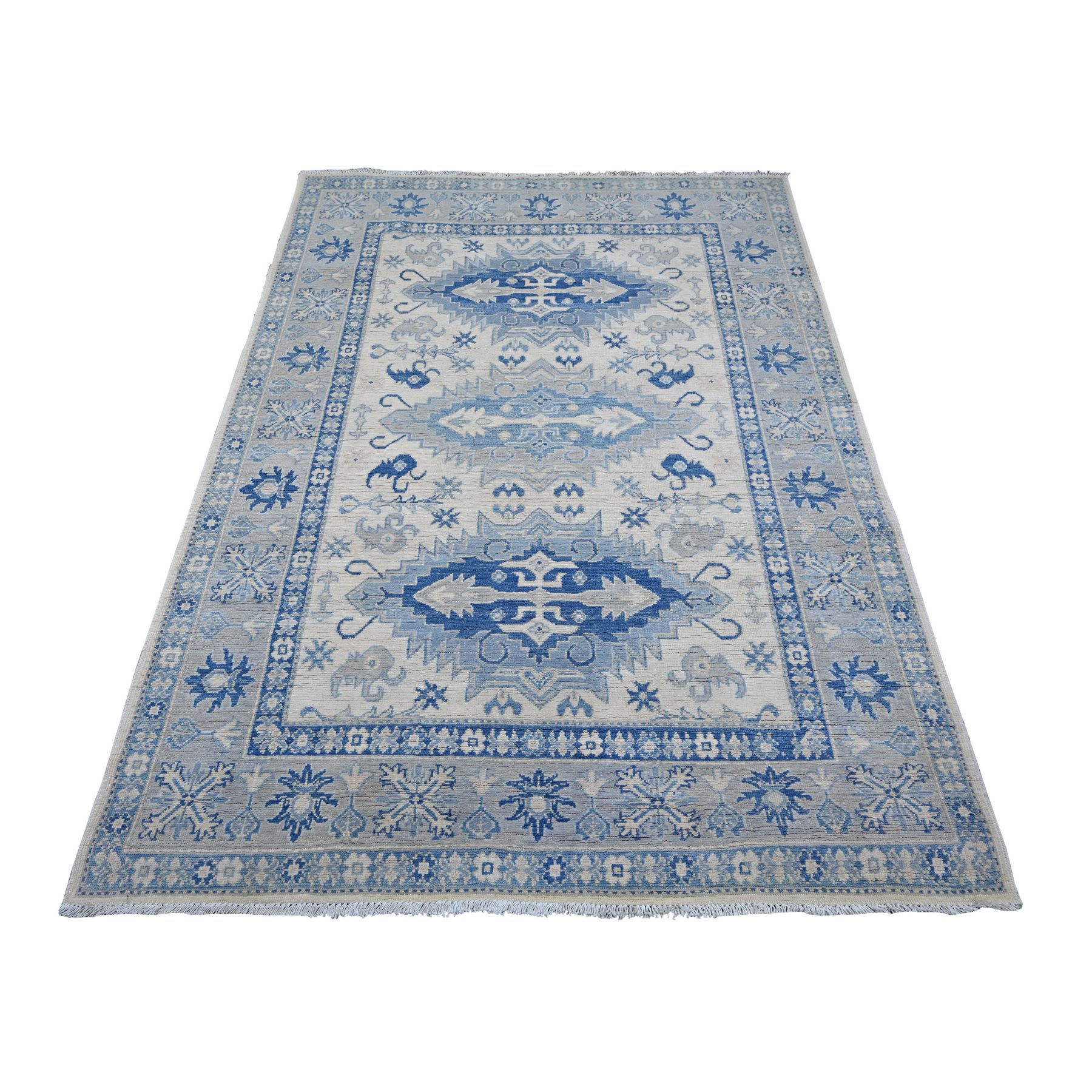4'10"x6'9" Pearl White, Vintage Look Kazak with Geometric Floral Elements, 100% Wool, Hand Knotted, Natural Dyes, Oriental Rug 